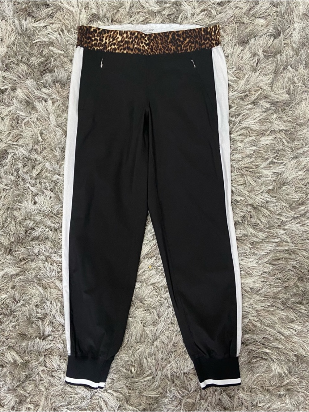 Calvin Klein Black Performance Pants with Leopard-Print Waistband